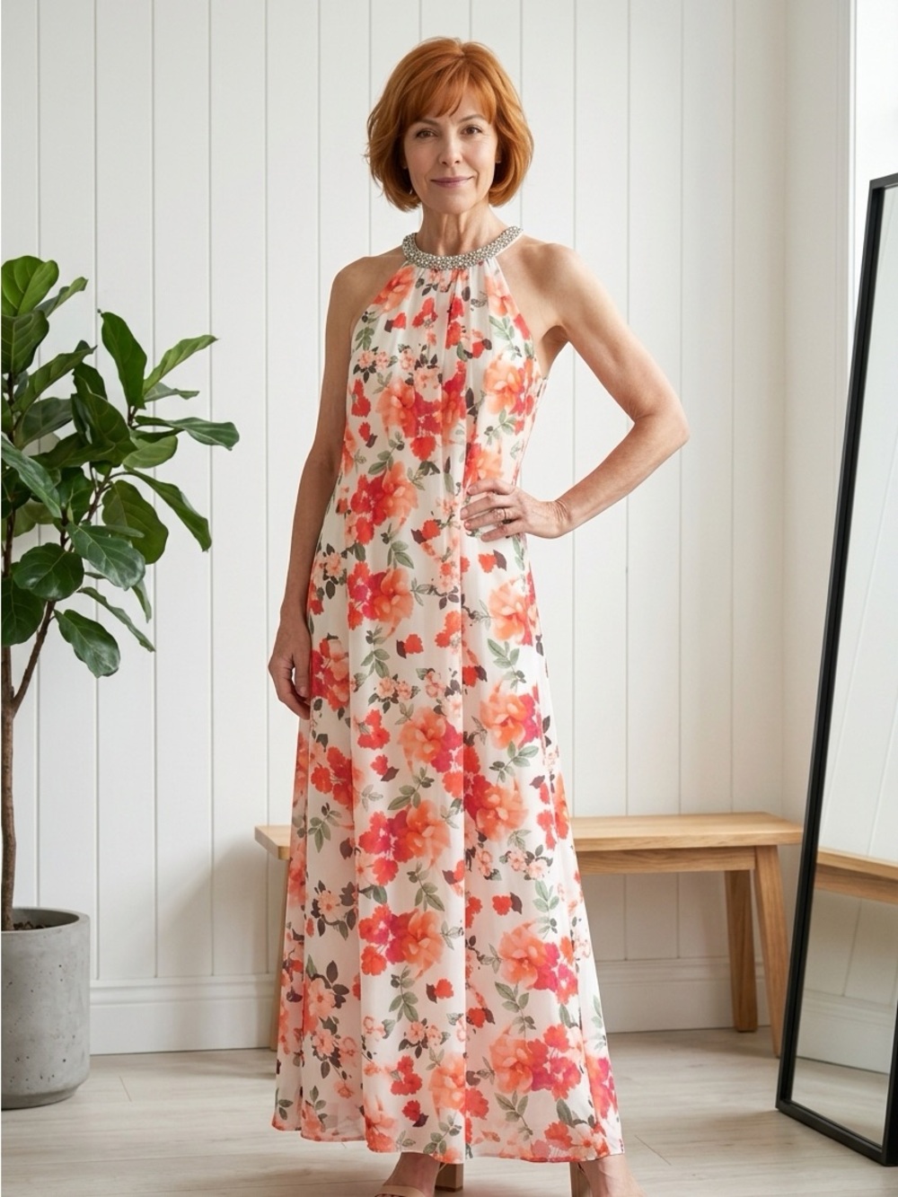 Calvin Klein White Halter Maxi Dress with Coral Floral Print Size 16